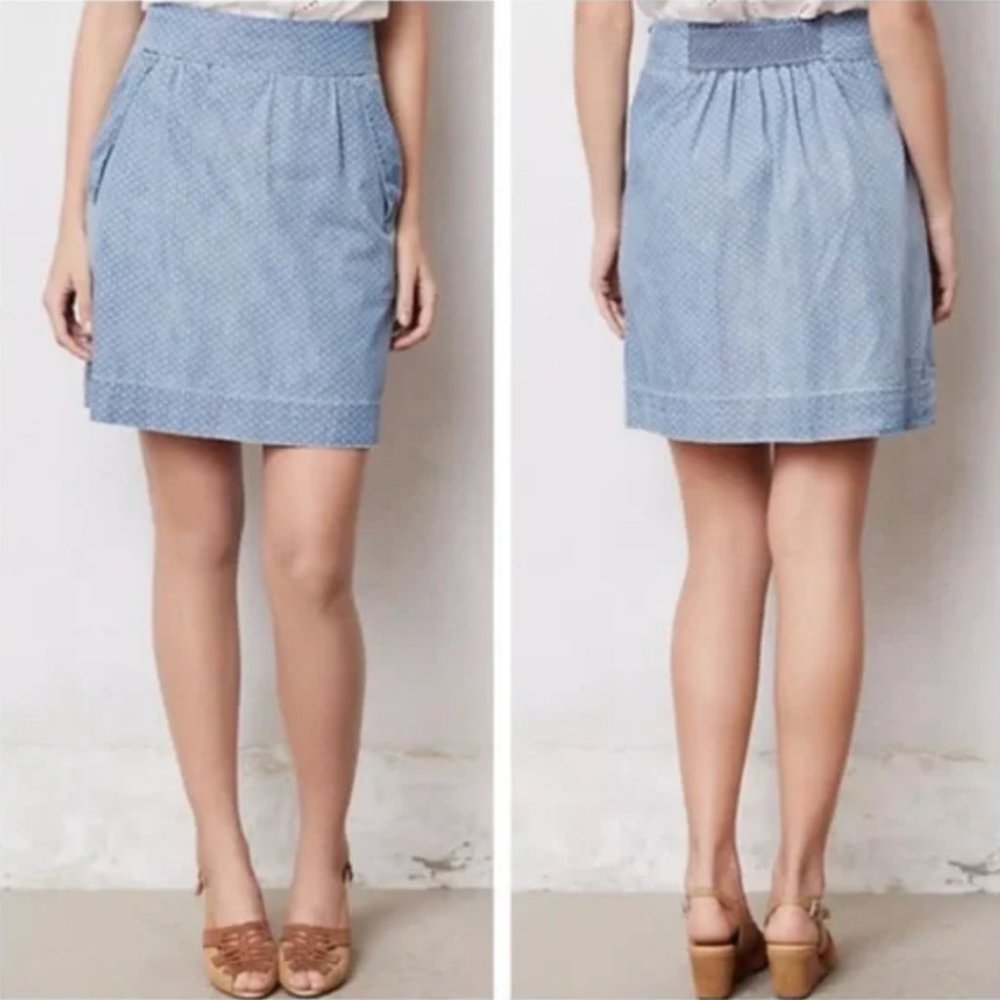 Holding Horses Anthropologie Chambray Polka Dot Skirt Blue White Size 10